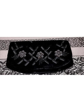 Made by Soure 1950s Black Velvet Clutch Purse Beaded Embellished Plastic Floral